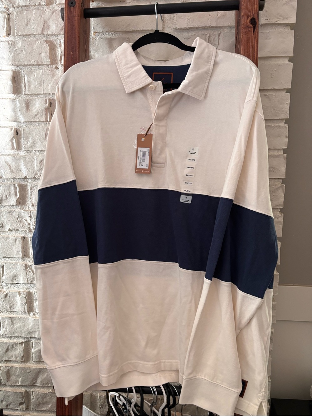 Denver Hayes Cream and Navy Colorblock Rugby Polo